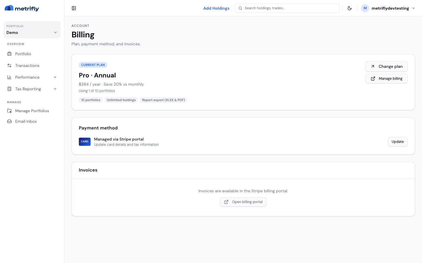 Billing page with the current plan and Manage billing
