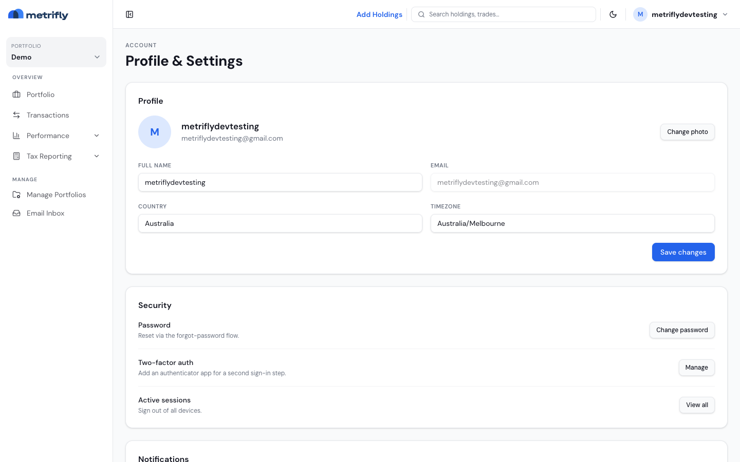 Profile and Settings page