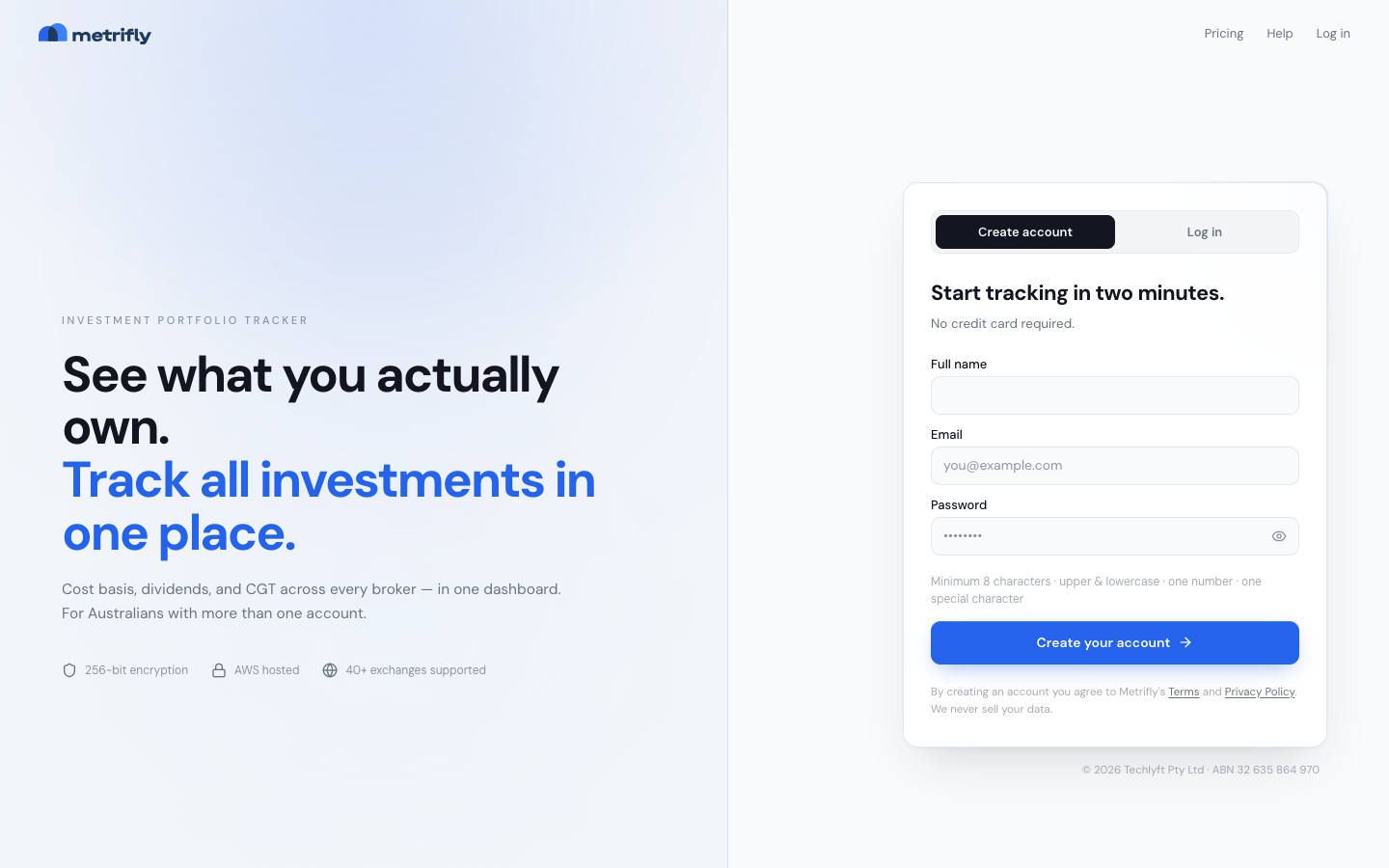 Metrifly sign-up form with Full name, Email, and Password fields