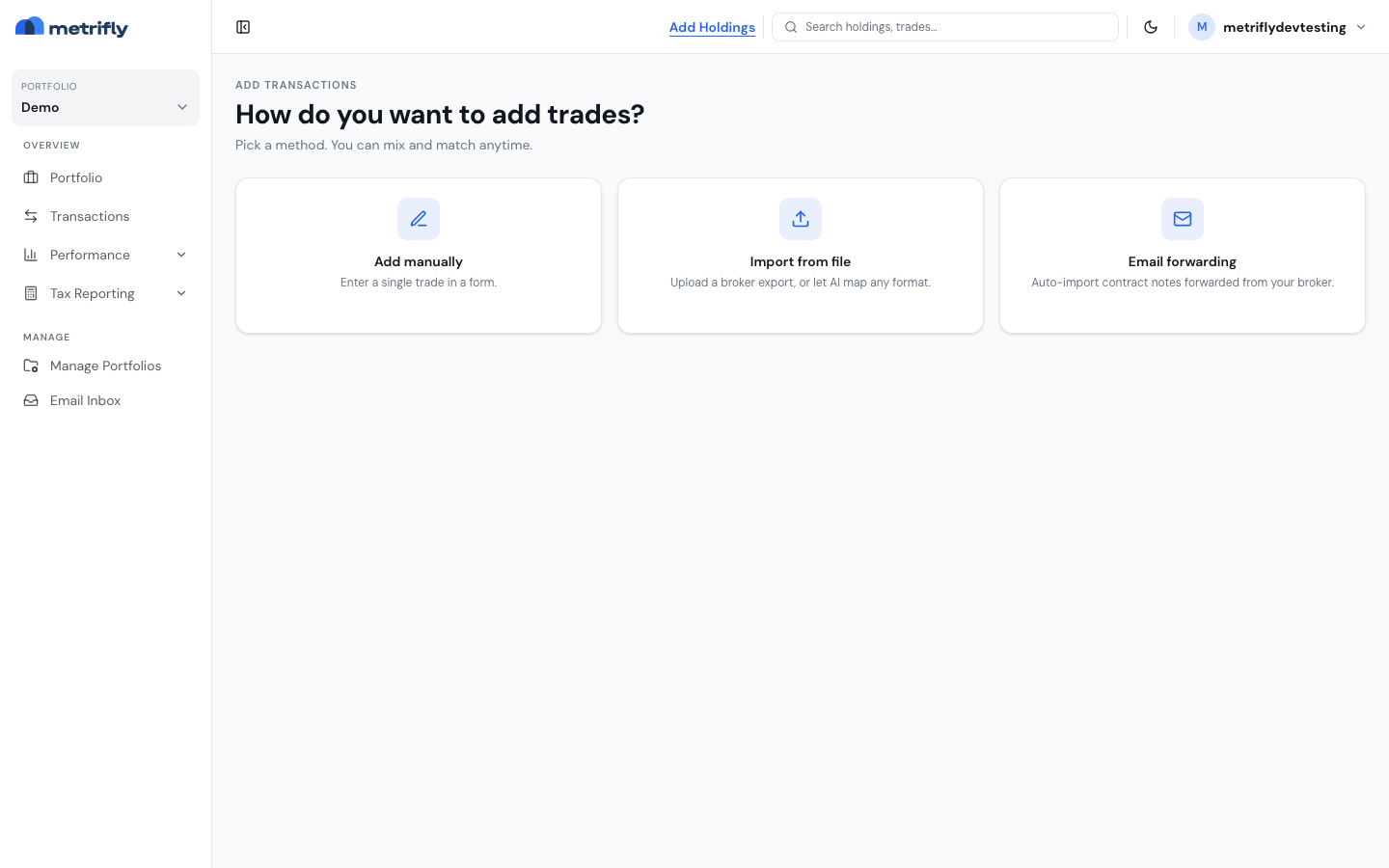 The Add Holdings menu with Import from file selected