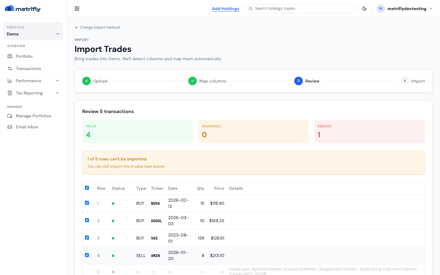 The review step showing valid, warning, and error rows