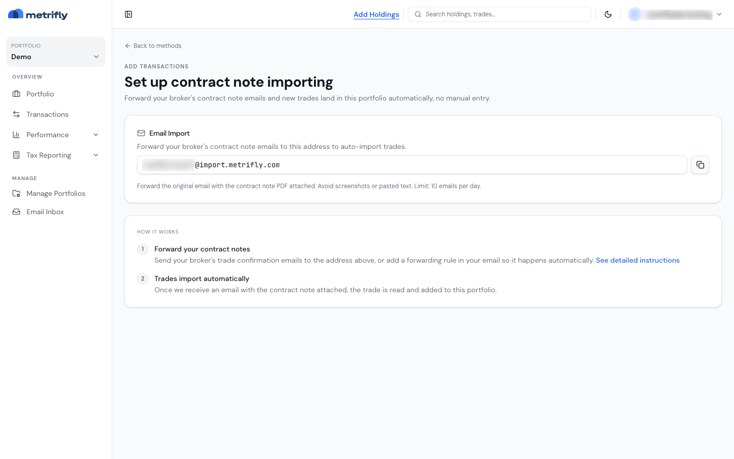 The Email Import tab with the forwarding address and copy button