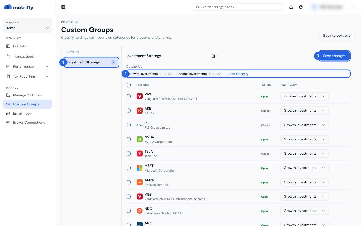 Custom Groups page showing the group selector (1), category controls (2), and Save changes button (3)
