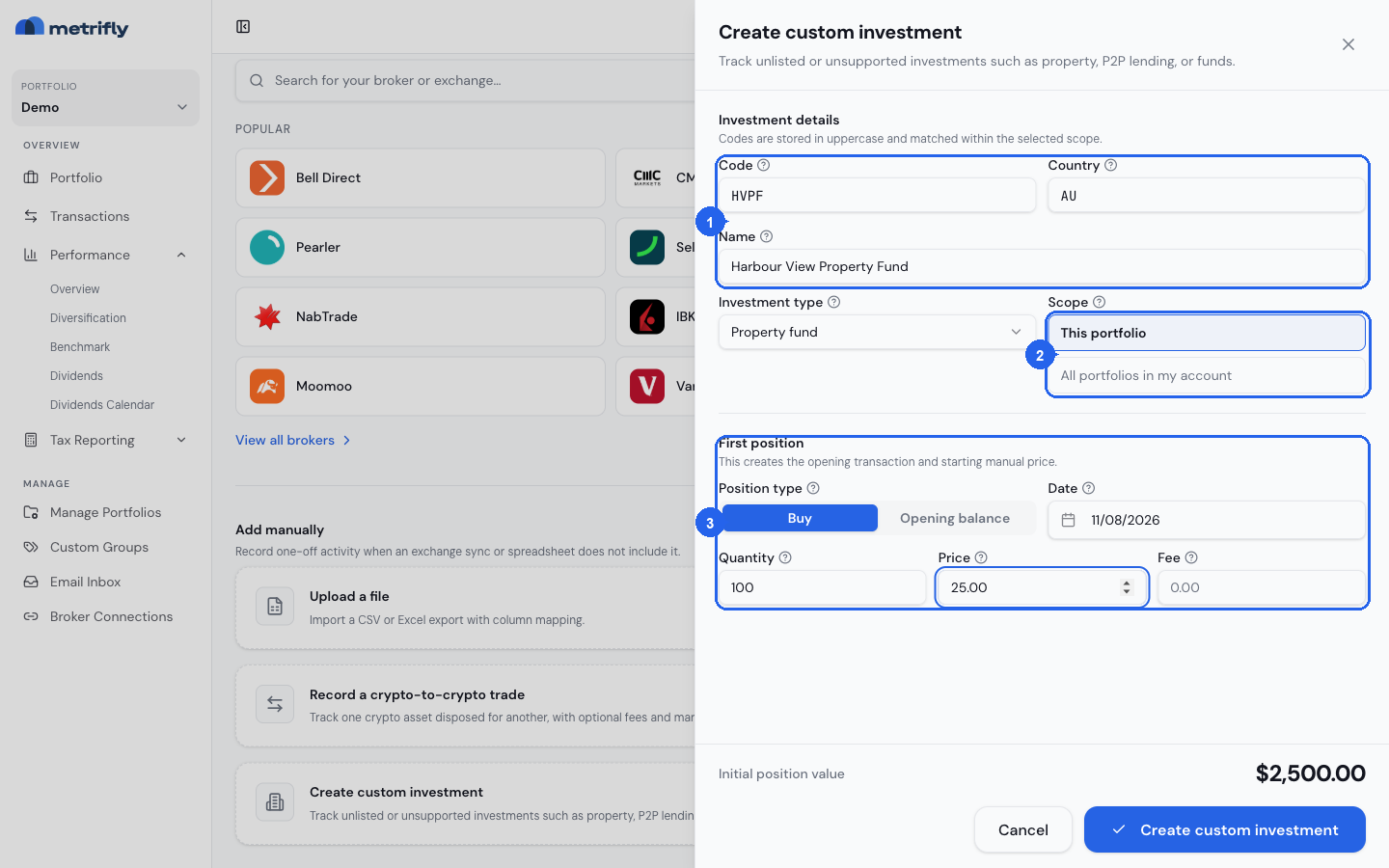 Annotated Create custom investment sheet showing the investment details (1), scope (2), and first position (3).
